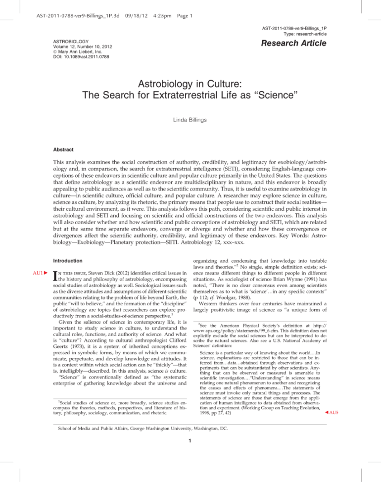 PDF) Astrobiology in Culture: The Search for Extraterrestrial Life ...