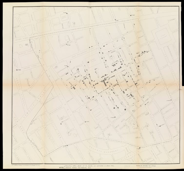 Scanned page of neighborhood map, with stacked black rectangles in various streets