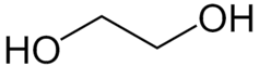 A chemical diagram showing ethylene glycol, which has a structure like HO-CH2-CH2-OH, where H is hydrogen, O is oxygen and C is carbon.
