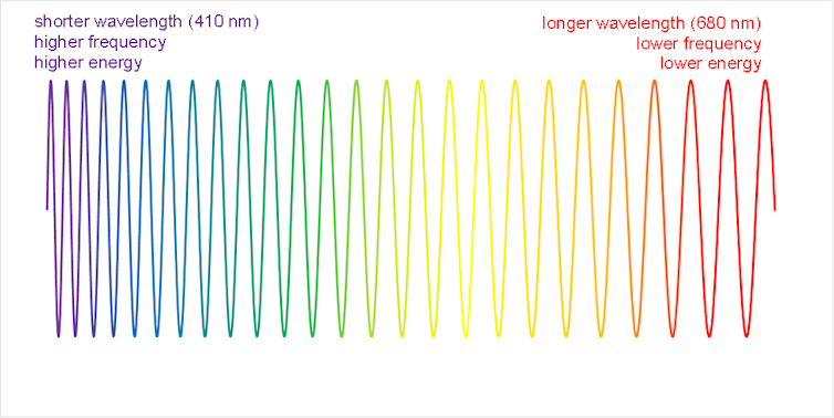 A sine curve colored the colors of the rainbow. The left side, which is violet, has higher frequency and shorter wavelength. The right side, which is red, has lower frequency and longer wavelength.