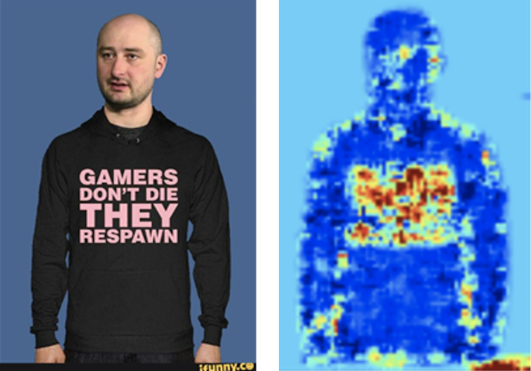 side-by-side images, one of a man with lettering superimposed over his shirt and the other a blue silhouette of the man with red splotches corresponding to the lettering in the first image