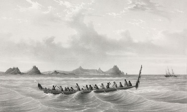 Early 1800s lithograph of long canoe with about a dozen people on the ocean with island in background, along with a sailing ship in distance