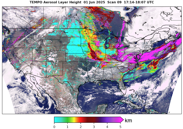 A map shows blue over the Dakotas, Nebraska and western parts of Minnesota and Iowa. Pink is over Pennsylvania up through Maine.