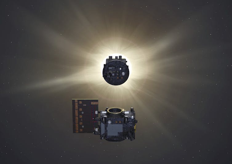 An illustration of two spacecraft, one which is spherical and moves in front of the Sun, another that is box-shaped facing the Sun.