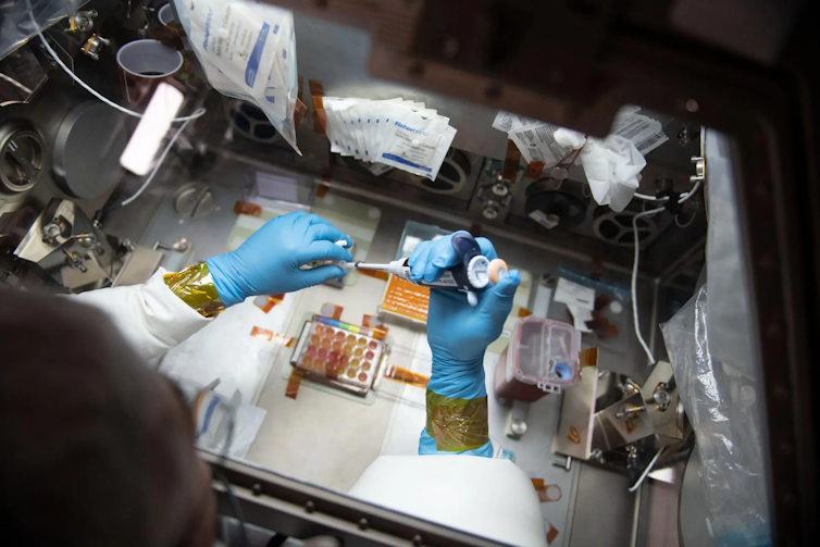 A top-down view of a scientist wearing gloves and a lab coat pipetting at a work bench on the ISS