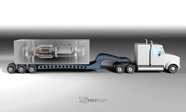 A diagram of a semi truck. Its trailer is translucent, showing a microreactor inside.