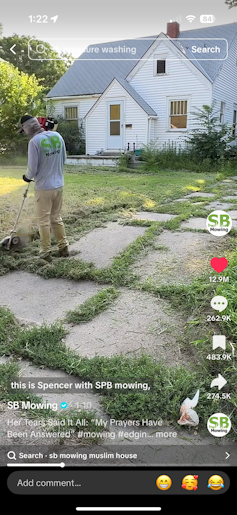 Screenshot of a smartphone app showing sparse text and icons overlaying an image of a man using a weedwhacker