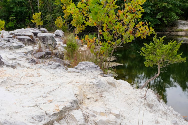 Rock formations stick up from sandy ground next to a lake