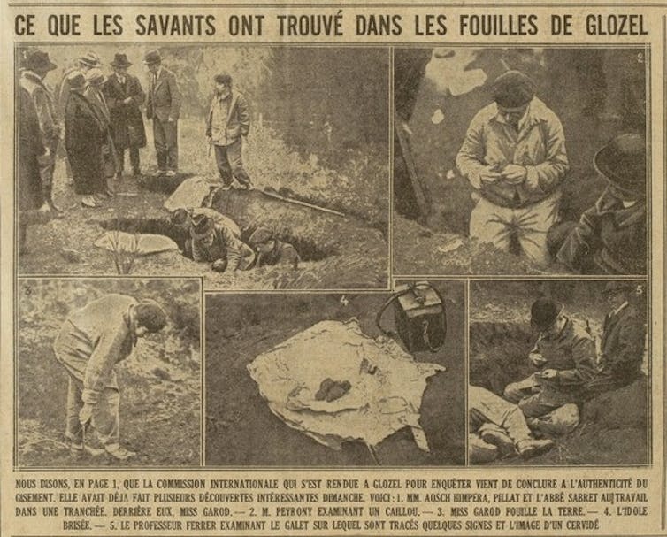yellowed newspaper page with photos of archaeologists at dig site