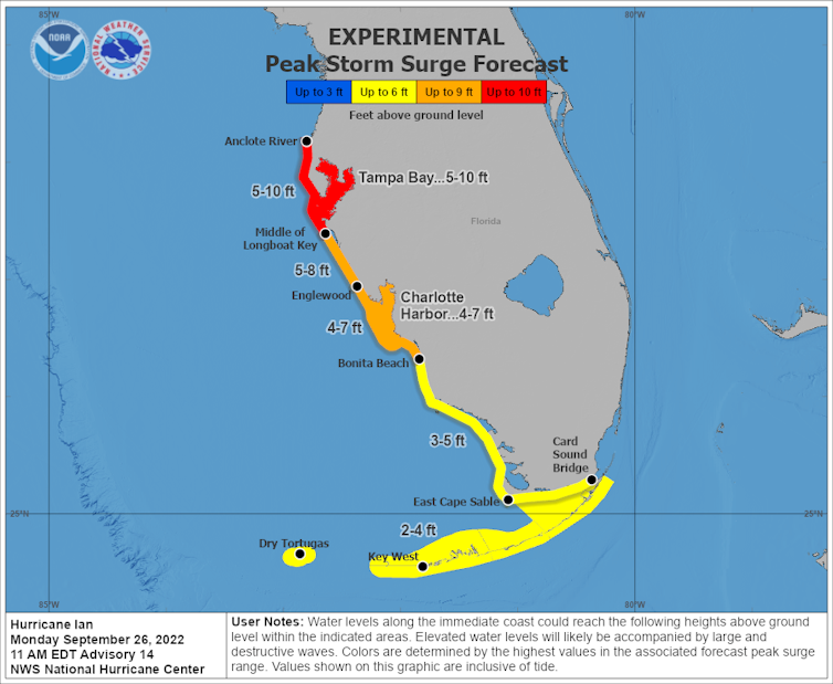 A map of Florida shows areas at greatest risk of storm surge.