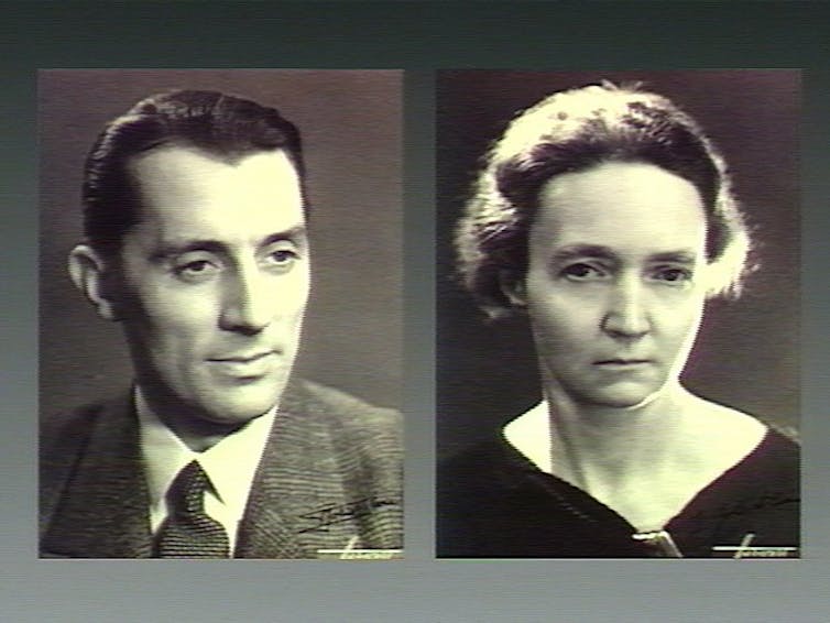 Two portraits, one on the left of a man with dark hair wearing a suit, Frederic Joliot, and on the right, of Irene Joliot-Curie, who has ear-length hair.