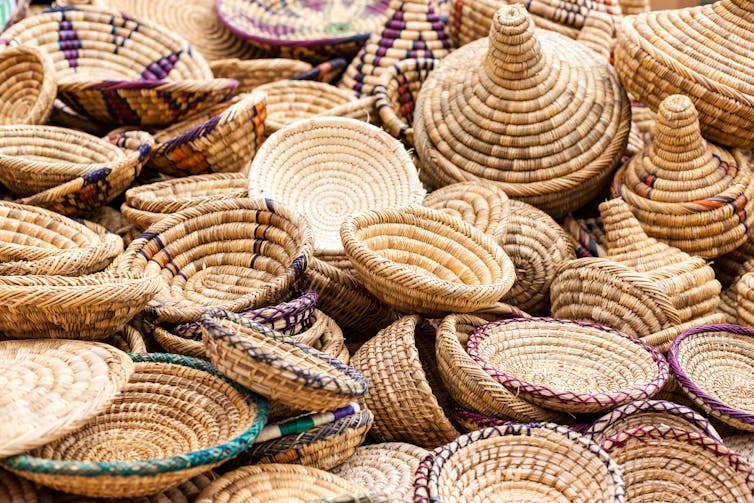 A pile of woven baskets