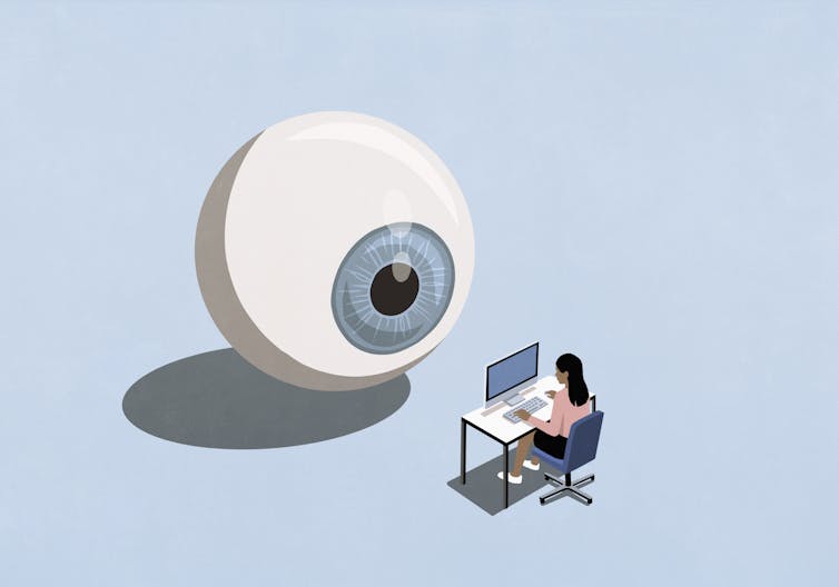 illustration of a giant eyeball watching a woman working on a computer at a desk