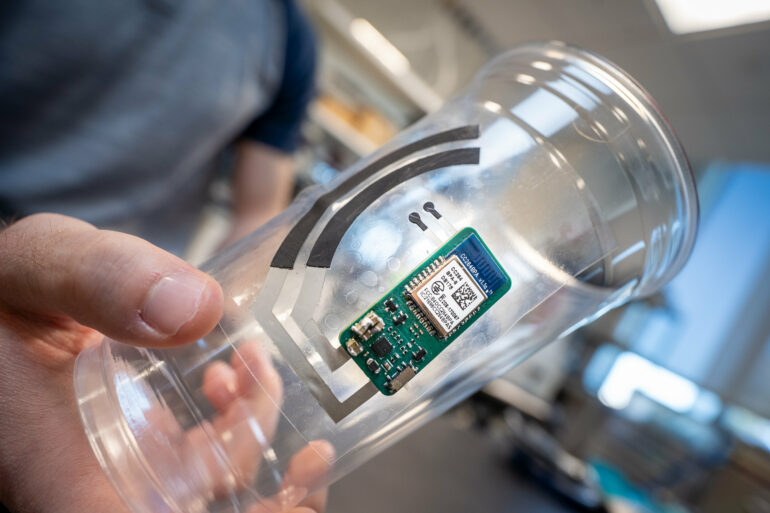 Sweat-powered sticker turns your drinking cup into a health sensor