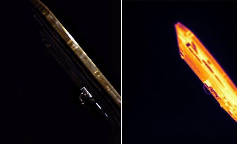 Two images showing the side of a solar panel. The left shows the image in visible light – it looks dark brown in color. The right shows the image lit up in bright yellow and orange light, in the infrared.